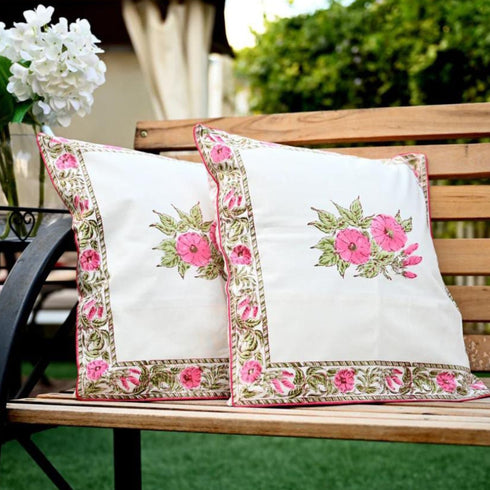 Pink Flower Buta Print Cotton Cushion Cover (CU07)